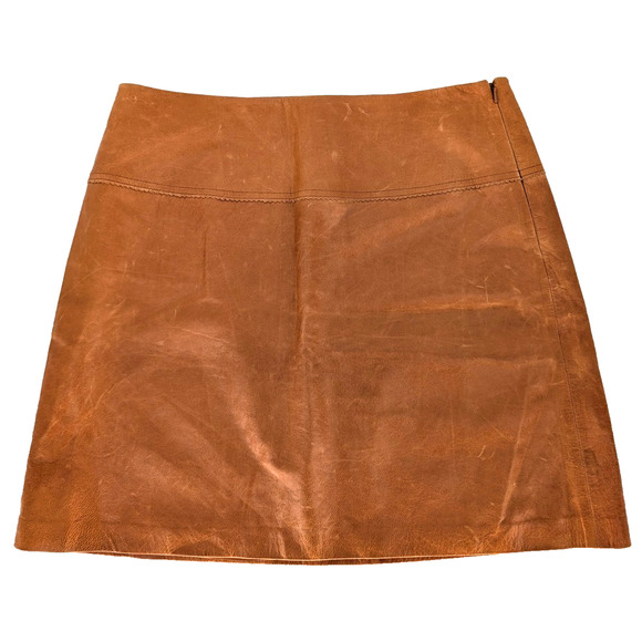 Rare VTG 90s Y2K Cache Camel Leather A Line Preppy Academia Western Mini Skirt 8 - Picture 1 of 7